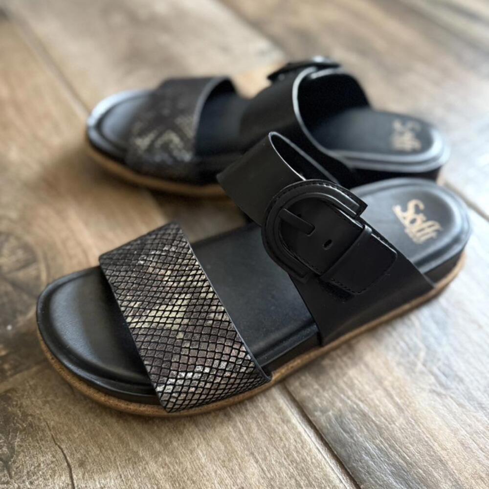 Sofft Black Slides with Metallic Snake-Print Strap